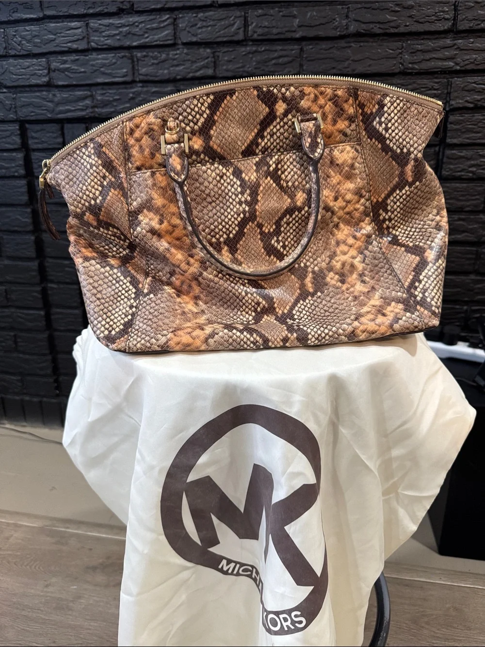 Michael Kors Tan and Brown Snake-Print Leather Tote
